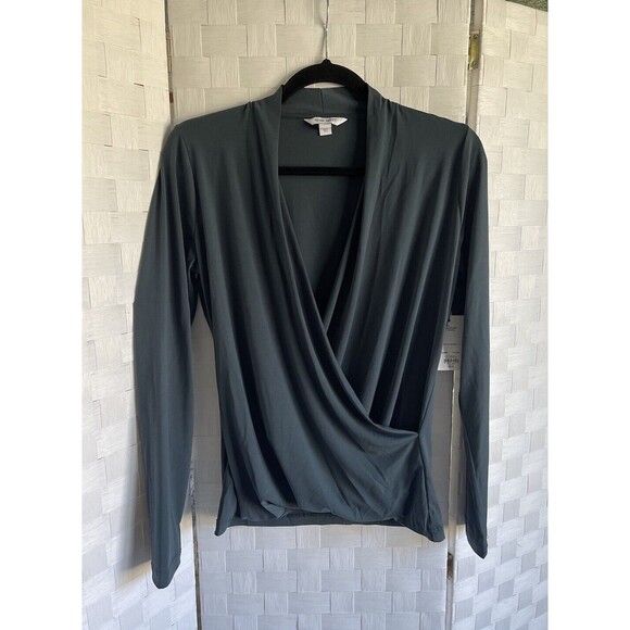 Nine West Women’s Surplice Wrap Top Long Sleeve Rusched Olive Green Size Small - Picture 1 of 8